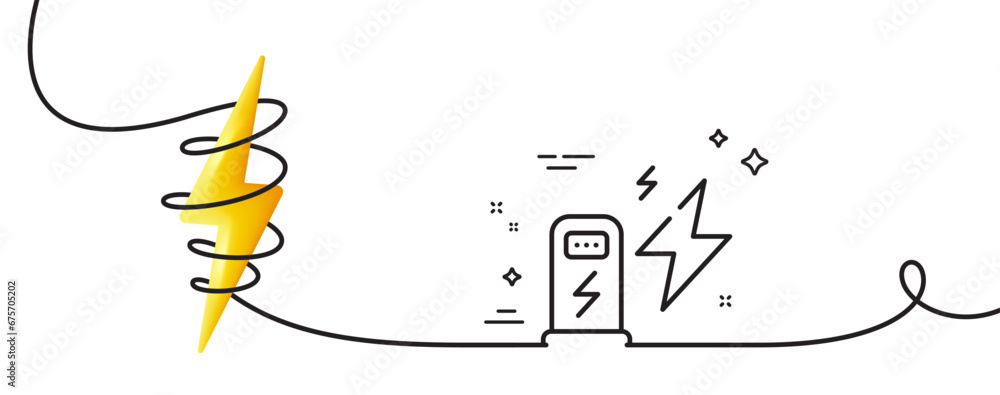 Poster charging station line icon. continuous one line with curl. car charge place sign. electric power sym