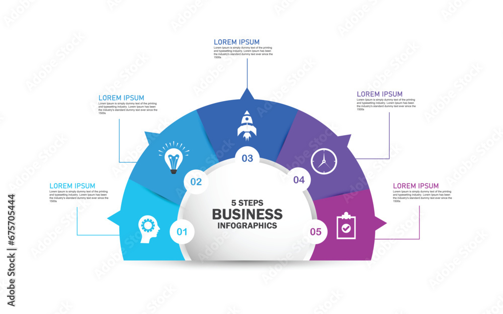 Poster semicircle diagram slide template. process chart with five elements