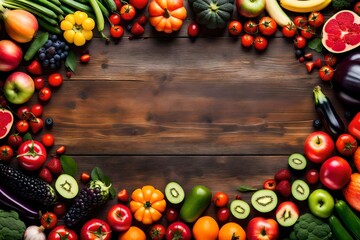 Assortment of fresh fruits and vegetables in heart shape on wooden background