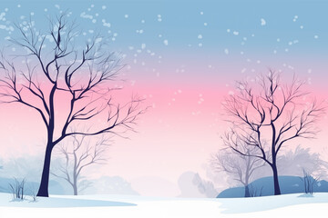  Winter Landscape with trees with no leaves and winter sky with falling snow