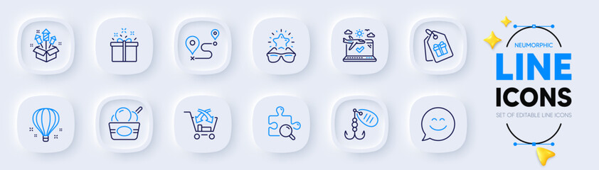 Smile chat, Air balloon and Airplane travel line icons for web app. Pack of Fireworks rocket, Best glasses, Coupons pictogram icons. Cross sell, Fishing lure, Special offer signs. Vector - obrazy, fototapety, plakaty