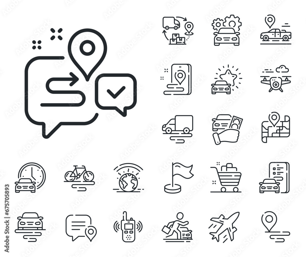 Poster road path sign. plane, supply chain and place location outline icons. journey line icon. route map c