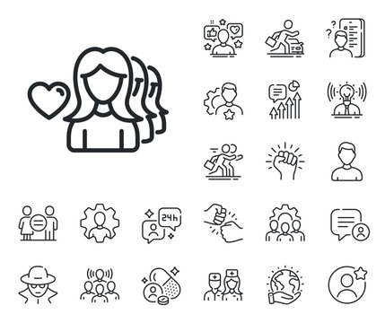 Group Of Women Sign. Specialist, Doctor And Job Competition Outline Icons. Couple Love Line Icon. Valentines Day Symbol. Woman Love Line Sign. Avatar Placeholder, Spy Headshot Icon. Vector