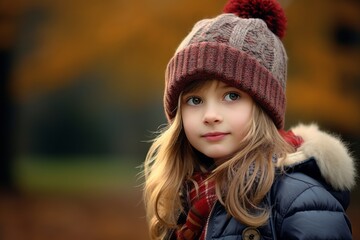 Cute little girl in a warm hat and coat in the autumn park.