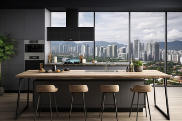 Black walls modern kitchen with large kitchen island and city view window