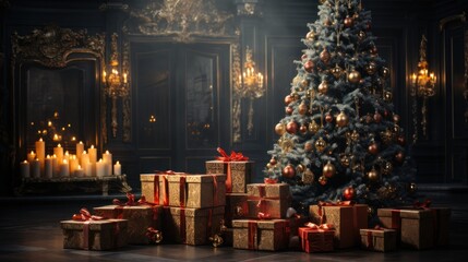 Christmas tree decorated with gold and red balls, with candles and gifts on it, in a Gothic hotel