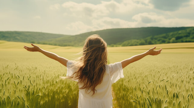 wellbeing and liberty concept with young woman spreading her arms in green field