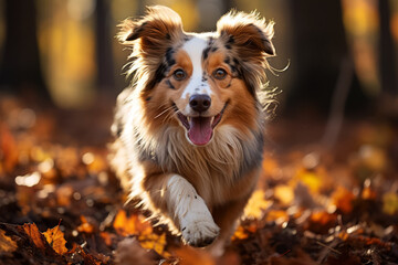 Young Australian sheperd running in a forest, in autumn - 675706855
