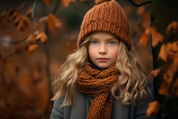 Portrait of a beautiful little girl in a hat and scarf in the autumn forest.