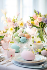 Beautiful table setting with spring flowers for Easter celebration.
