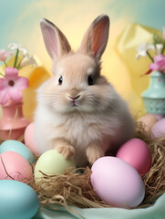 Naklejka na ściany i meble Little Bunny With Decorated Eggs, Easter Card