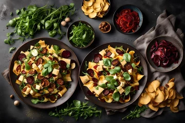 Foto op Aluminium Vegetarian Pappardelle with zucchini and eggplant. Fresh vegetable salad with sun dried tomato, spinach and potato chips. Vegan roasted beetroot salad with arugula, tofu and nuts. Vegetarian pizza wit © HUSNA
