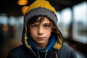 Portrait of a boy in a warm hat and jacket. Selective focus.