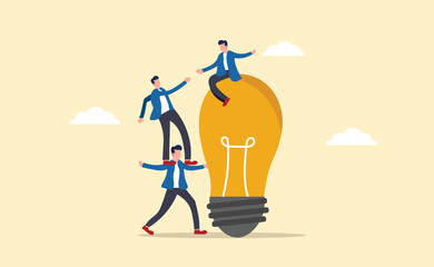 teamwork for mutual success, teamwork partnership to collaborate, leadership or manager to help employees achieve goals concept, businessman helping coworkers to realize light bulb ideas.