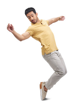 Dance, balance and man with freedom, energy and performance with comedy and music. Creative, moving and action with confidence of male person and dancer isolated on a transparent, png background