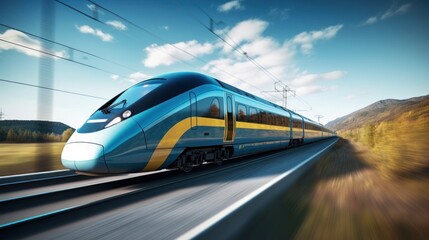 High speed train moving at speed, natural scenery