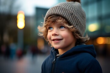 Portrait of a cute little boy with blue eyes on the street.
