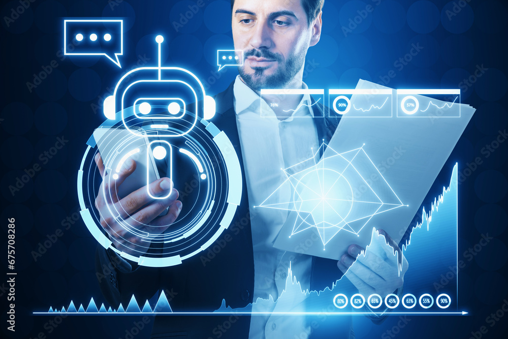 Fototapete attractive young businessman with smartphone and document with glowing robot and chart hologram on b
