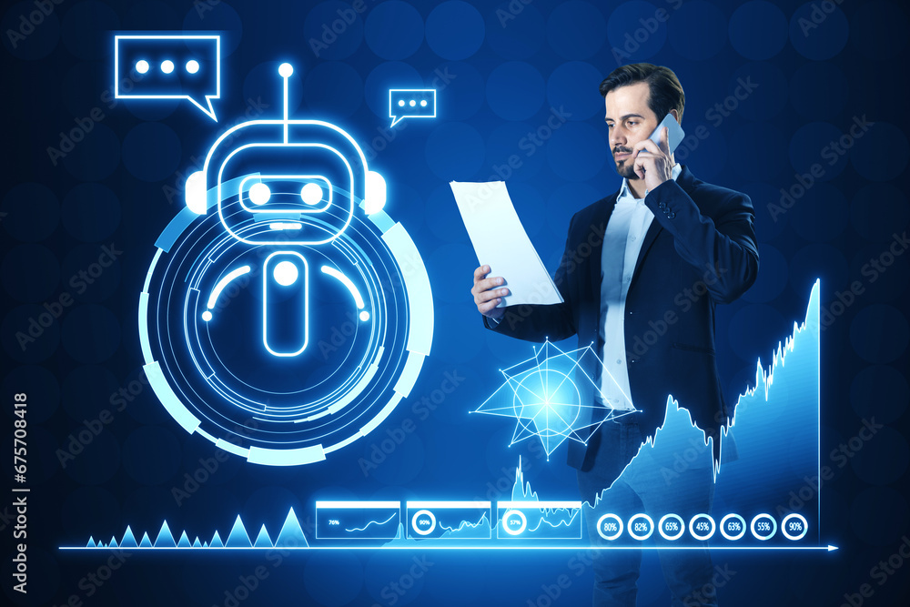 Poster Attractive young man with smartphone and document with glowing robot and chart hologram on blue background. Artificial intelligence, chat GPT, bot assistant and machine learning concept.