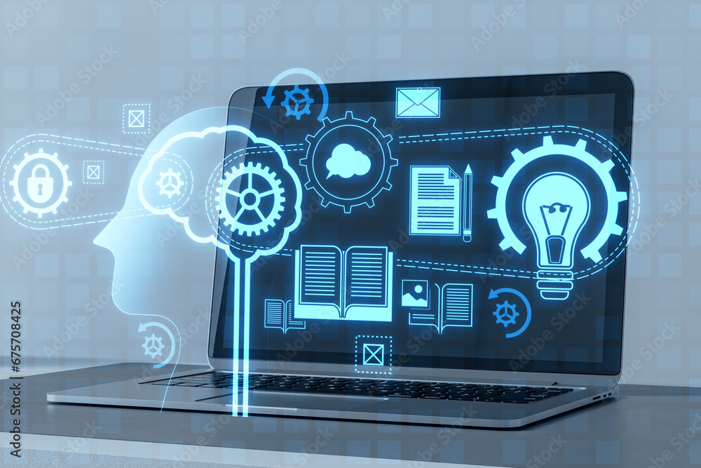 Poster Close up of laptop computer with joint search for ideas hologram, abstract person's head, filled with ideas of thought and analytics, replacing the old with the new. Blurry background. 3D Rendering.