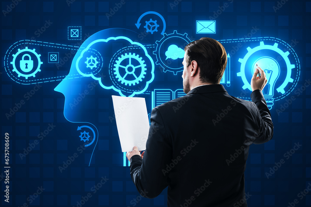 Poster back view of young businessman with document using joint search for ideas hologram, abstract person'