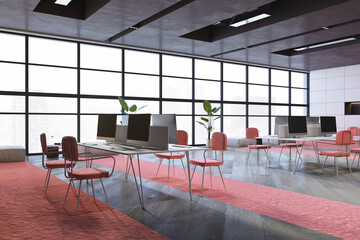 Luxury coworking office interior with window and city view. Interior designs concept. 3D Rendering.