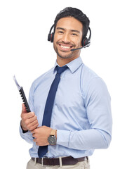 Business, crm help and Asian man portrait with telemarketing job and work at call center. Person, networking and happy with sale communication and talking isolated on transparent, png background - obrazy, fototapety, plakaty