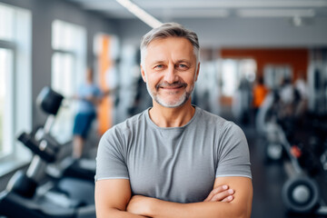 Fototapeta na wymiar portrait of smiling senior man at gym while looking at camera. Healthy lifestyle