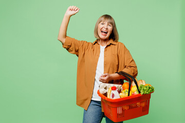 Elderly smiling happy woman wears brown shirt casual clothes hold shopping basket bag with food...