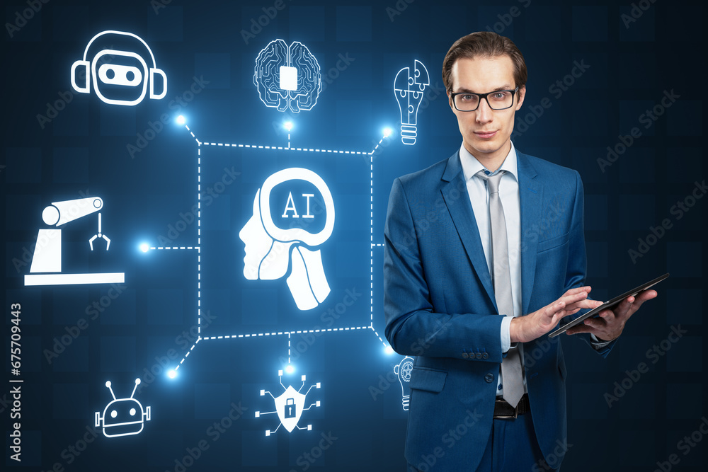 Aufkleber attractive thoughtful businessman with tablet and creative ai hologram with digital human head on bl