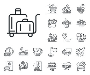Suitcase bag sign. Plane, supply chain and place location outline icons. Luggage trolley line icon. Baggage claim symbol. Luggage trolley line sign. Taxi transport, rent a bike icon. Vector