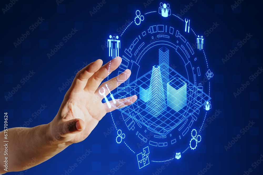 Poster close up of male hand using creative digital architectural project, round wireframe sketch with poly