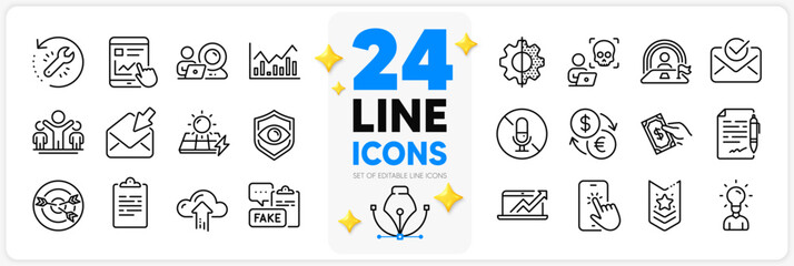 Icons set of Video conference, Sales diagram and Lgbt line icons pack for app with Currency exchange, Shoulder strap, Winner thin outline icon. No microphone, Eye detect. Design with 3d stars. Vector