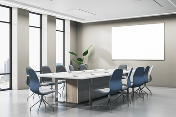 Modern meeting room interior with panoramic window and city view, empty white mock up banner,...