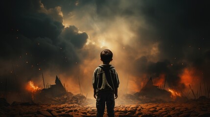 Kid stands and looks to bombed house in fire - obrazy, fototapety, plakaty