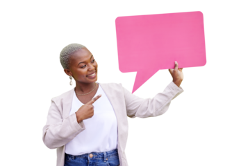 Happy black woman, speech bubble or pointing to space, mockup or opinion on transparent png background. African person, isolated or poster card for social media, vote or review with news announcement