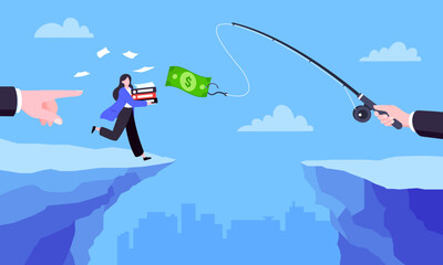 Fishing money chase business concept with businesswoman running after dangling dollar jumps over the cliff. Working hard and always busy in the loop routine flat style design vector illustration. - obrazy, fototapety, plakaty