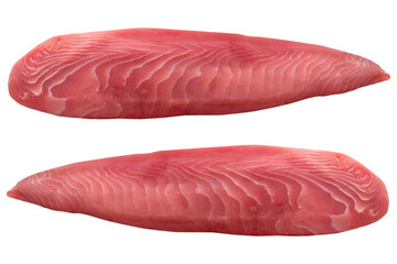 Yellow fin tuna steak isolated on white background. Fresh rare tuna steak isolated on white. Raw...