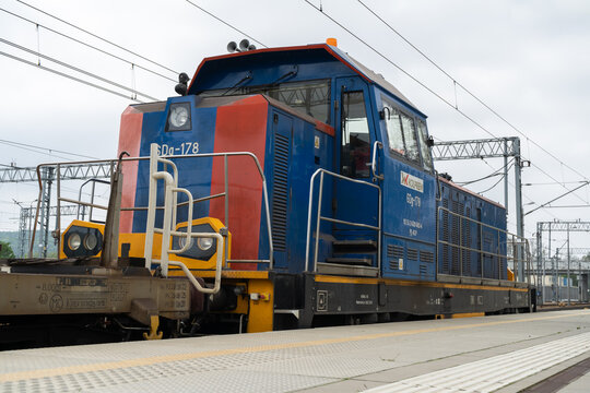 6Dg-178 diesel powered shunter locomotive at railway station platform. Kolprem company rail services train on May 20, 2023 in Krzeszowice, Poland.