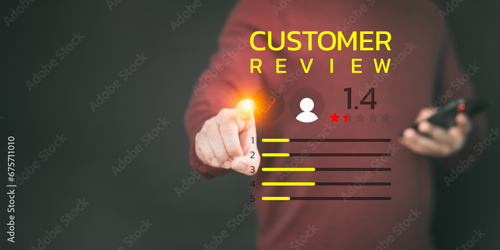 Aufkleber customer review and feedback with rate 1.4 point on virtual screen