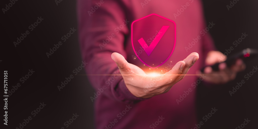 Aufkleber user is showing on hand identity proofing icon for security protection system on virtual screen. qua