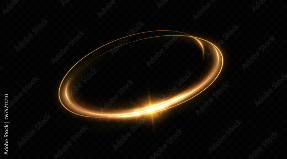 Wall mural abstract sparkling golden frame light effect on transparent background. spark with ring glossy line