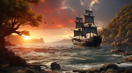 Pirate ship in a tropical cove or bay at sunset, landscape, wide banner - obrazy, fototapety, plakaty