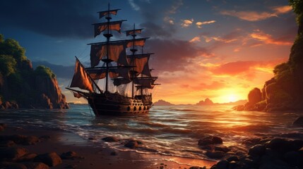 Fototapeta premium Pirate ship in a tropical cove or bay at sunset, landscape, wide banner