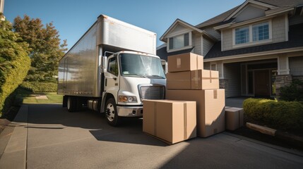 Obraz premium An open moving truck filled with cardboard boxes in the driveway of a suburban house