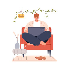 Person works at laptop online in internet, sitting in armchair at home. Young man, freelancer at notebook computer. Remote freelance worker. Flat vector illustration isolated on white background