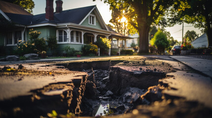Broken or slipped earth in front of a house after an earthquake - obrazy, fototapety, plakaty
