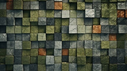 Rustic Charm of Mossy Greens and Browns. Tiles arranged to create a Natural Stone wall. 3D, Textured Background formed from Polished blocks, Blurred Background, Geometric Surface Wavy Background.