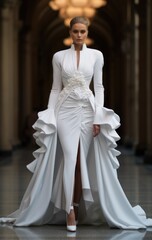 Fototapeta premium A beautiful woman shows off a stylish long white dress that accentuates the silhouette, creating refined contours and giving an irresistible appeal and elegance