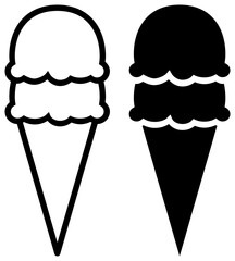 Ice cream cone with two scoop outline and silhouette icon set. Ice illustration.
